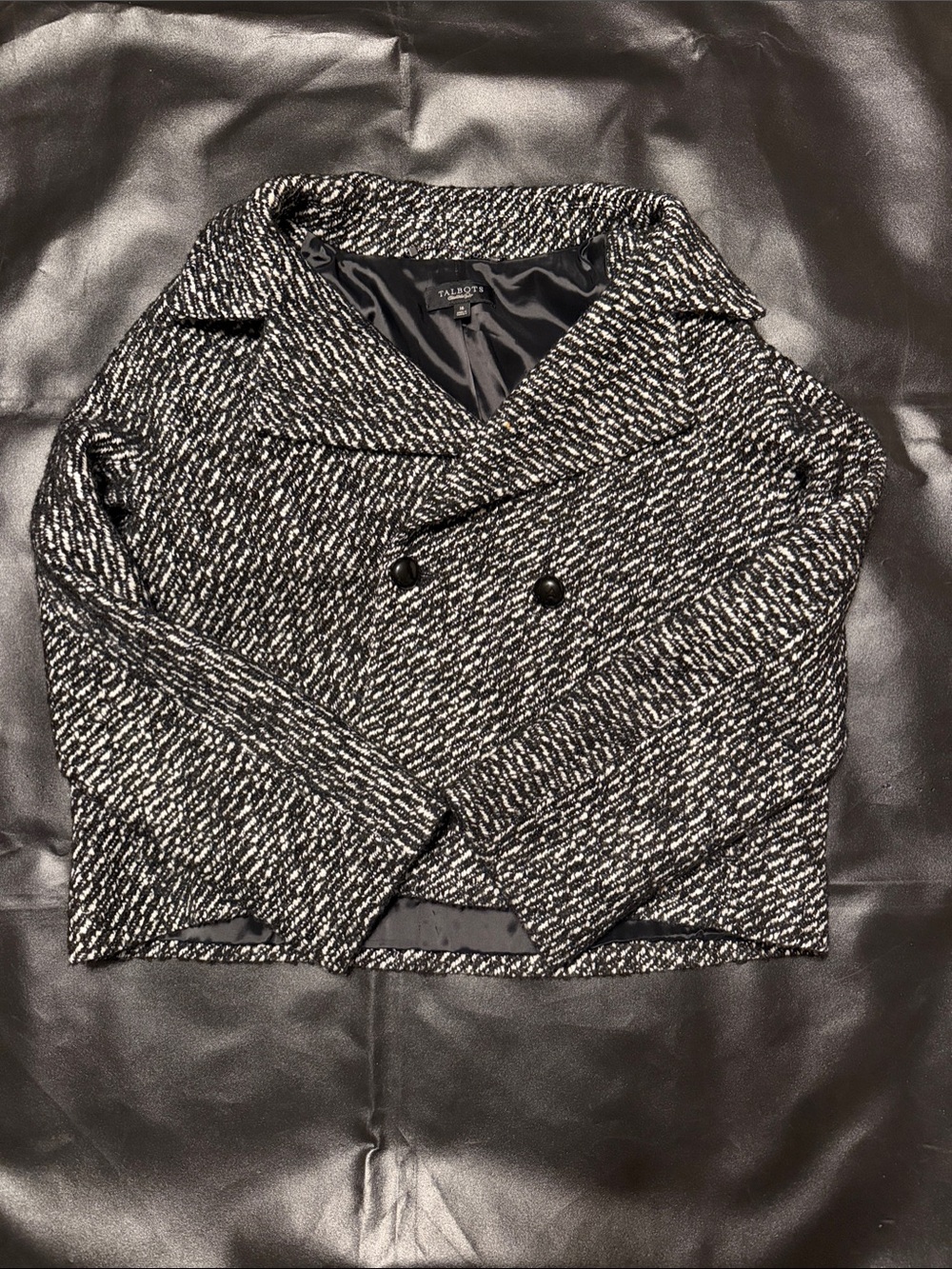 Talbots Black and White Textured Double-Breasted Pea Coat